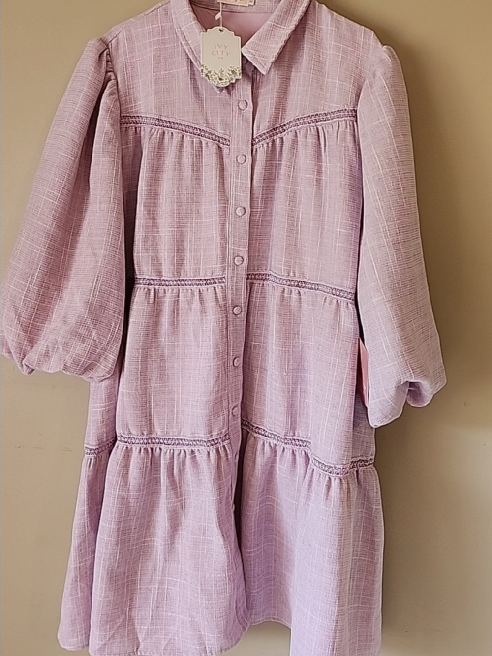 Ivy City Co. Collared Tiered Tweed Purple Plaid Shirt Dress 3/4 Sleeve S - Picture 2 of 10
